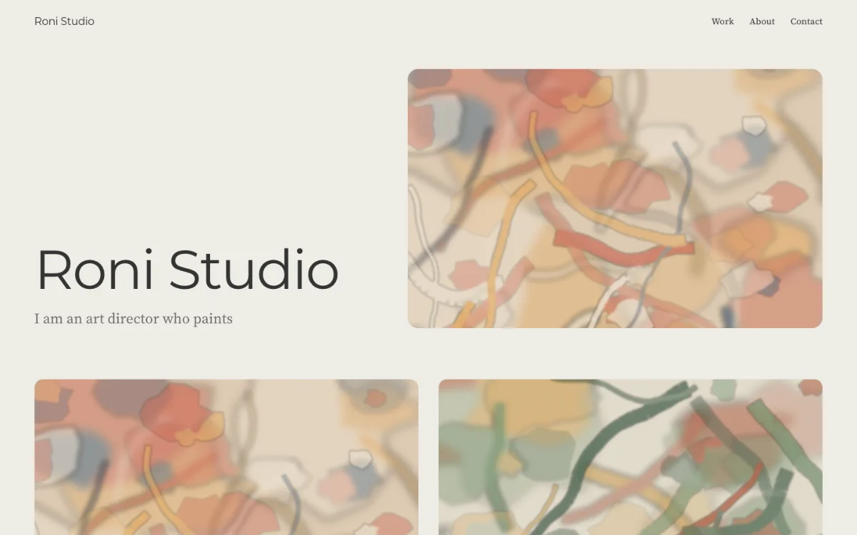 The same work rebuilt on warm paper: the name Roni Studio set large beside a framed abstract painting in coral and ochre, the line I am an art director who paints, and the first paintings of the grid below