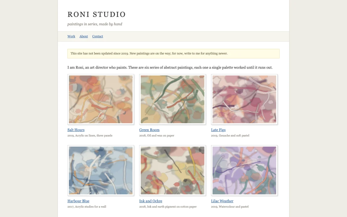 An old portfolio page in a narrow centred column: the name Roni Studio in spaced capitals, a yellow note saying the site has not been updated since 2019, and six abstract paintings in bordered thumbnails with blue underlined titles
