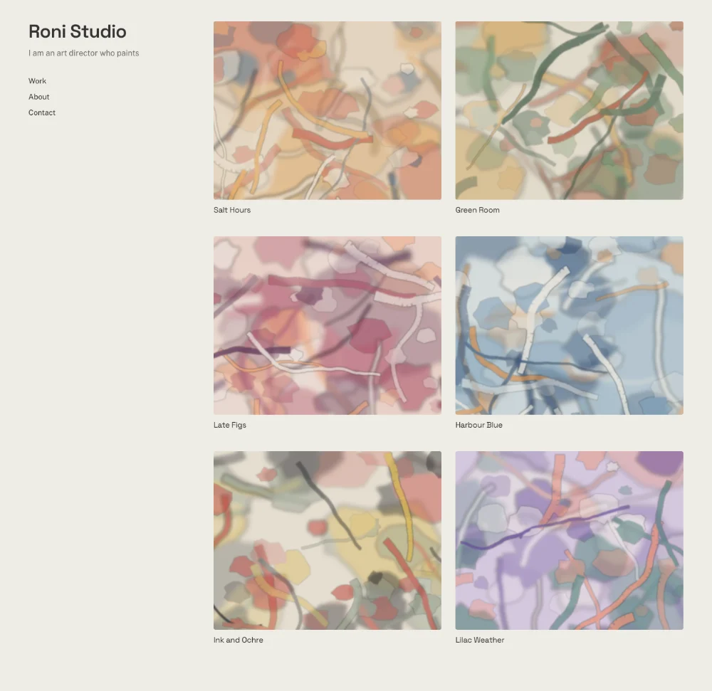 The same portfolio with a side column holding the name Roni Studio, one line and the menu, beside six abstract paintings in two columns: Salt Hours, Green Room, Late Figs, Harbour Blue, Ink and Ochre and Lilac Weather