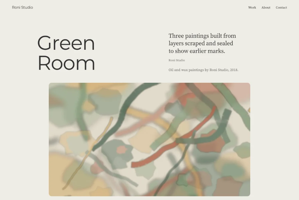 A rebuilt project page: the title Green Room in a large sans serif, a short summary beside it, and a wide abstract painting in greens and rust below