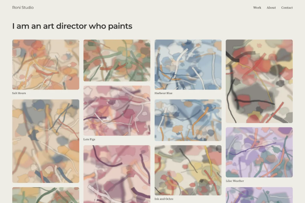 The same portfolio as a wall of abstract paintings in four columns, wide and tall ones each at its own shape, under the line I am an art director who paints