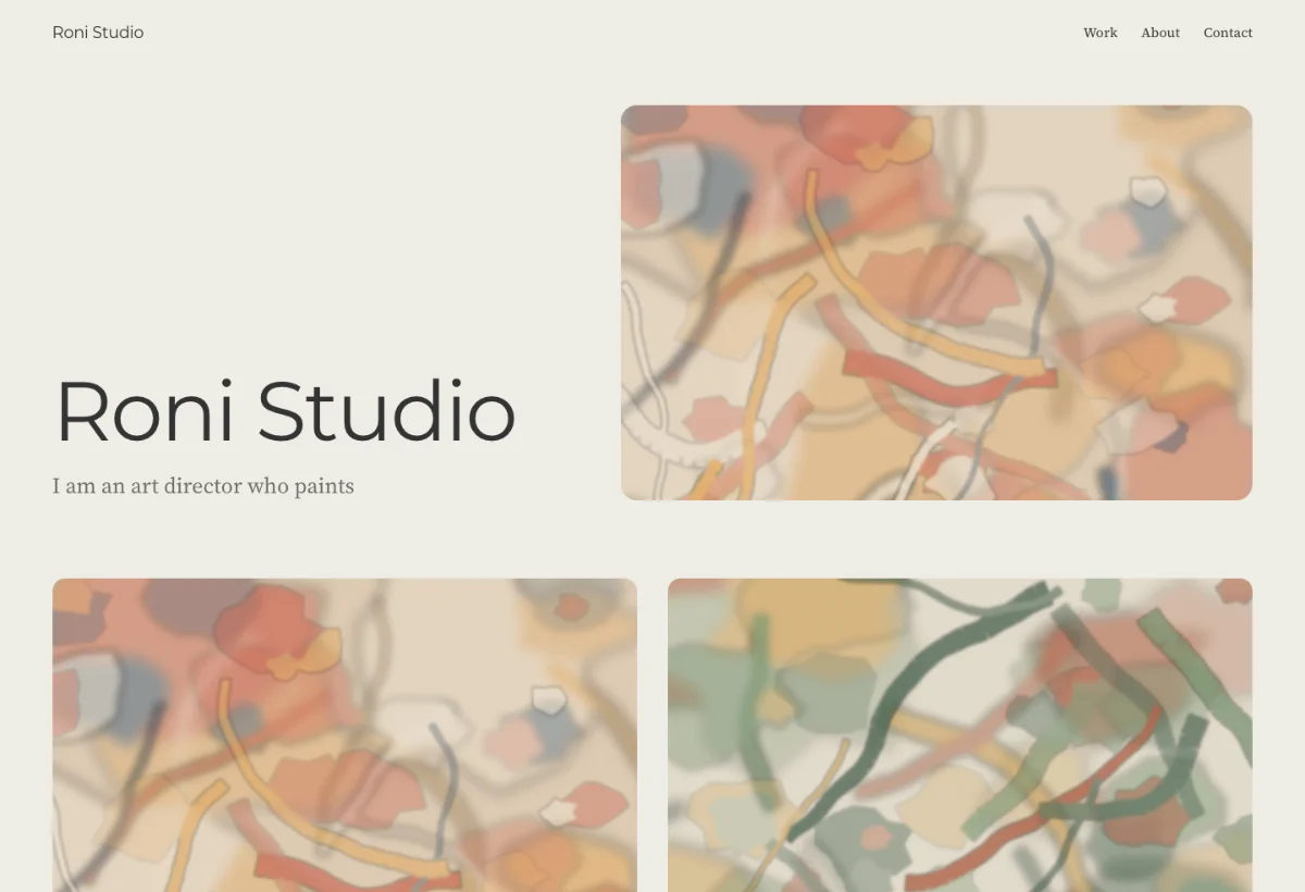 A rebuilt portfolio home page on warm paper: the name Roni Studio set large beside a framed abstract painting in coral and ochre, the line I am an art director who paints, and the first two paintings of the grid below